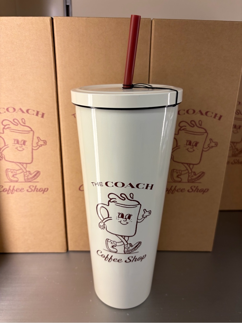 Coach Coffee Shop Tumbler with Burgundy Straw new in box